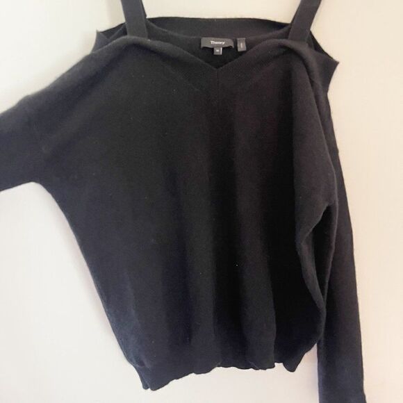 Theory Black Cashmere Cold Shoulder Long Sleeve Sweater Top Size Medium - Picture 6 of 9